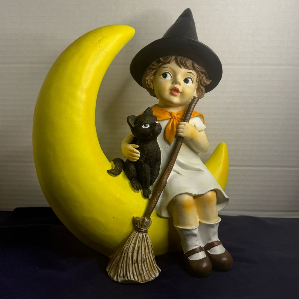 Little Witch And Black Cat Sitting on Crescent Moon Figurine Vintage Inspired